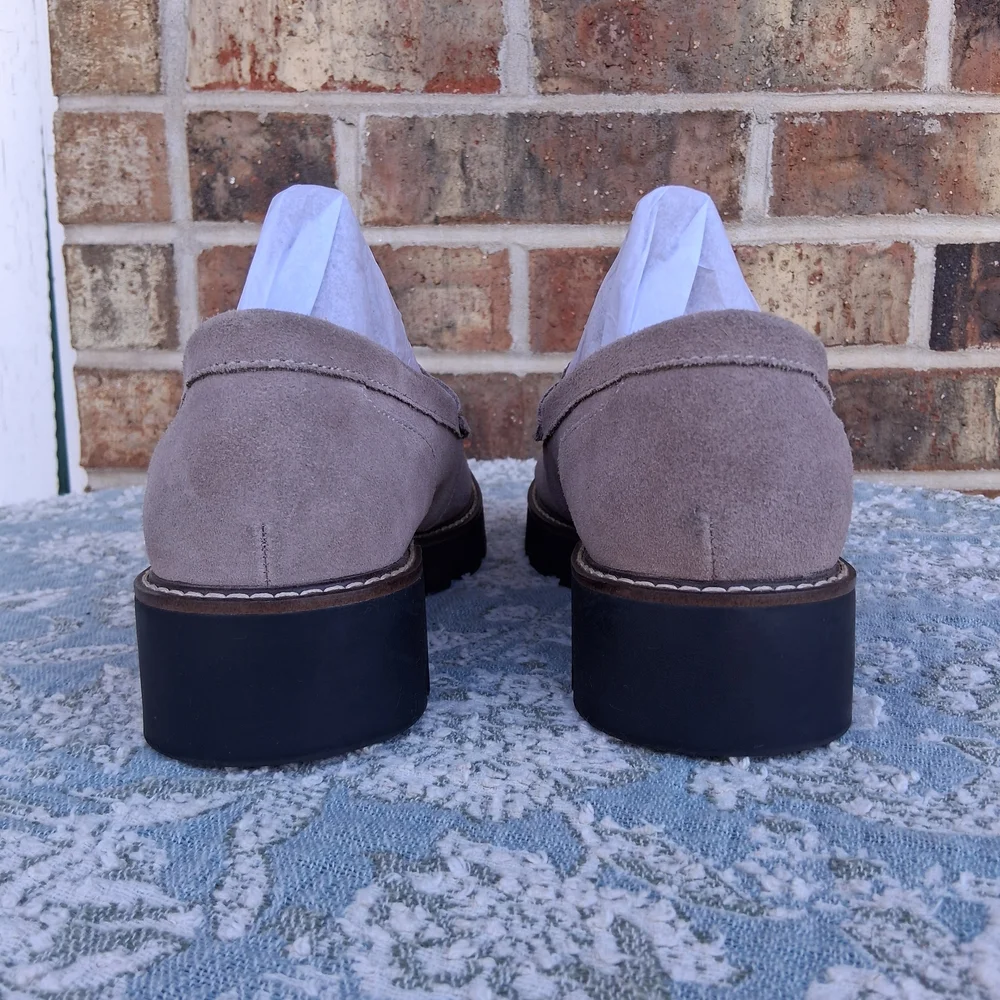 House of Harlow 1960 light taupe suede penny loafers chunky heel 9 Ckassic Chic - Picture 5 of 13